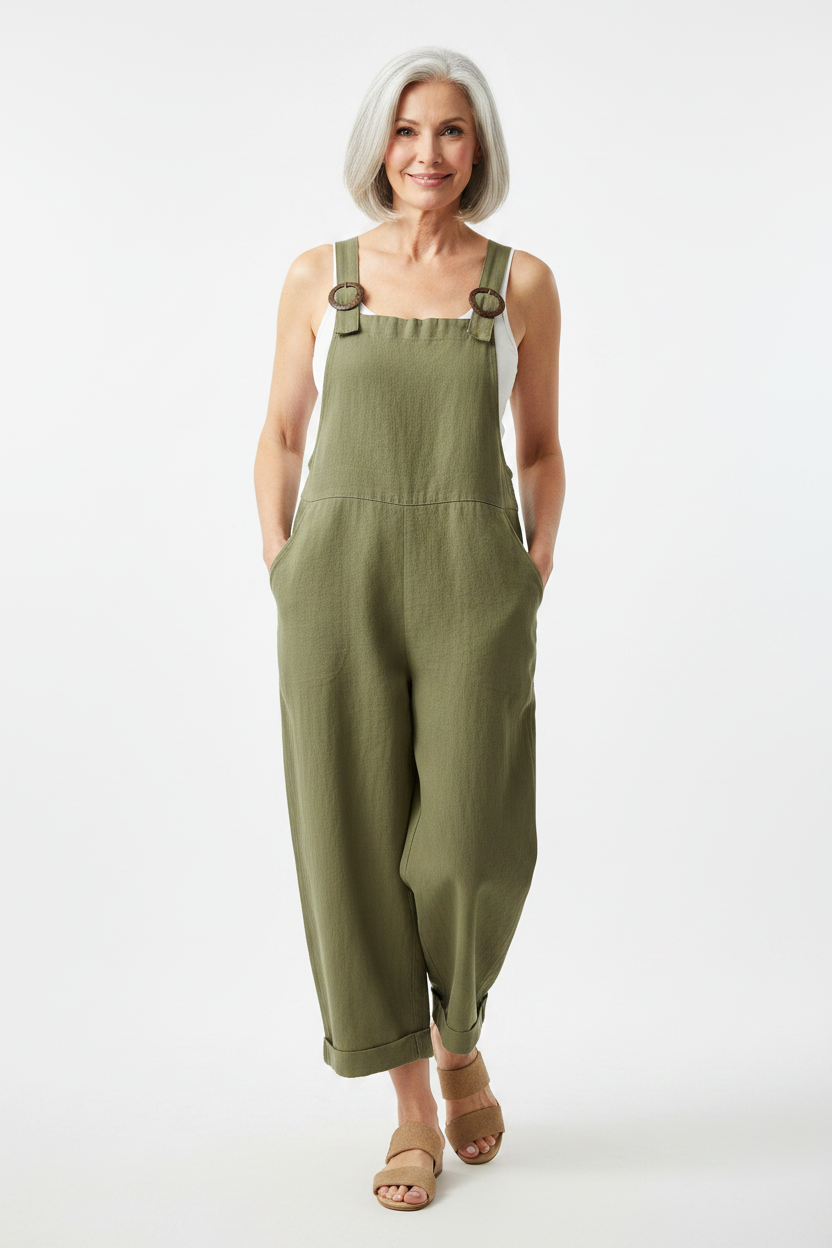 Olive green wide-leg overalls with adjustable buckle straps and relaxed straight legs