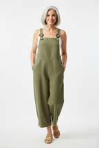 Olive green wide-leg overalls with adjustable buckle straps and relaxed straight legs
