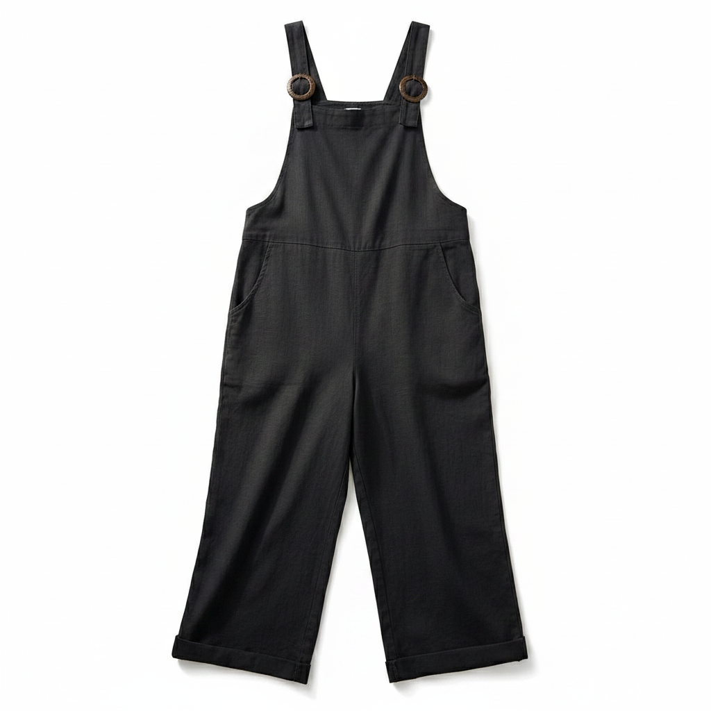 Midnight black wide-leg overalls with adjustable buckle straps and front bib pocket