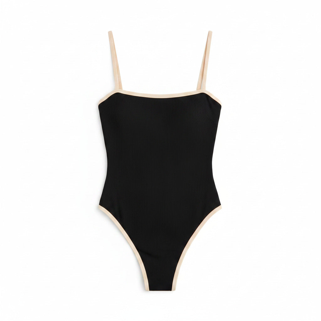 Black high-waist one-piece swimsuit with thin straps and square neckline