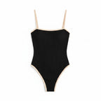 Black high-waist one-piece swimsuit with thin straps and square neckline
