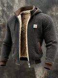 Gray quilted insulated fleece jacket with sherpa-lined stand collar and brown-trim pockets