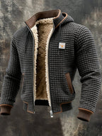 Gray quilted insulated fleece jacket with sherpa-lined stand collar and brown-trim pockets