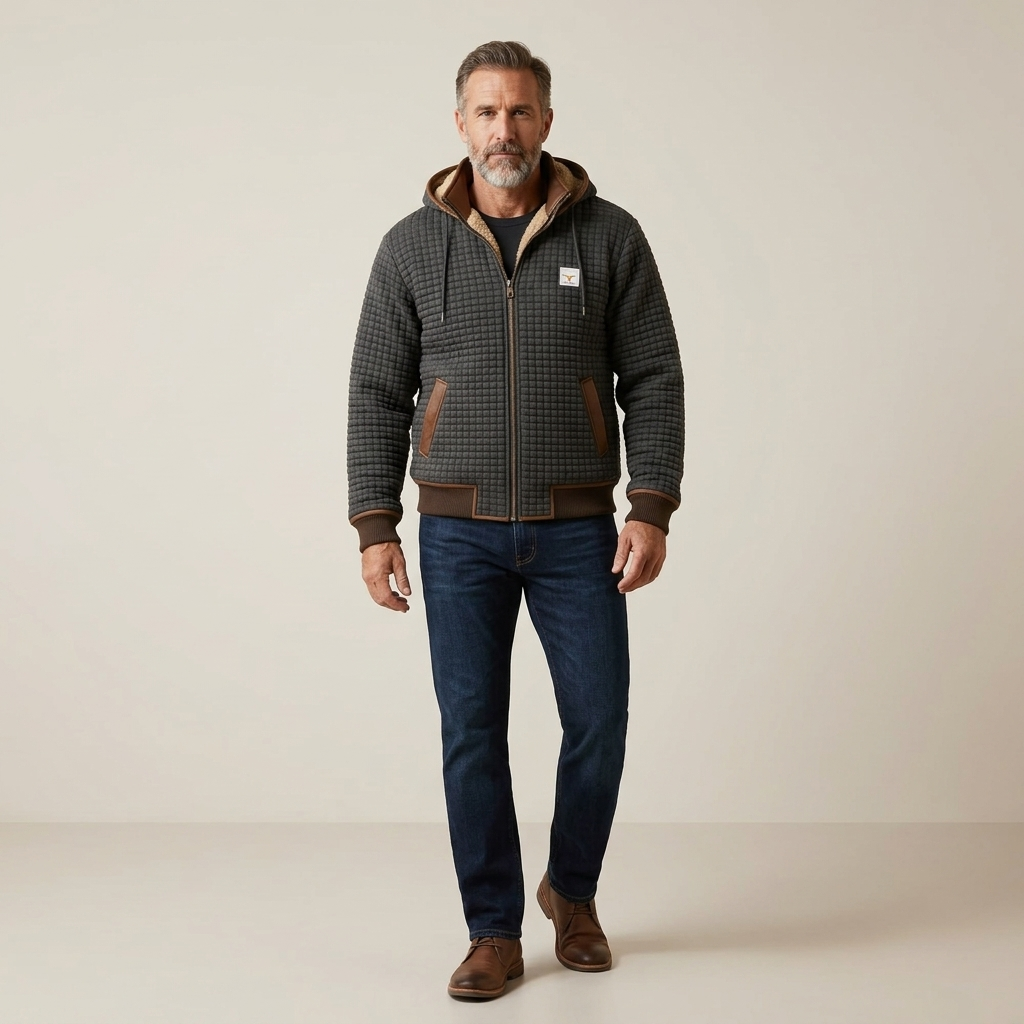Men's olive green quilted fleece jacket with hood, full-zip, leather accents