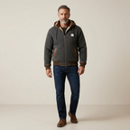 Men's olive green quilted fleece jacket with hood, full-zip, leather accents