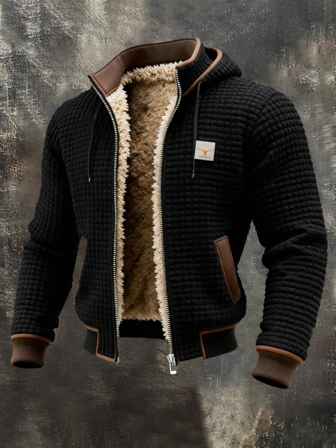 Black quilted insulated fleece jacket with sherpa-lined stand collar and brown-trim side pockets