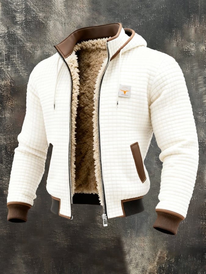White quilted insulated fleece jacket with sherpa-lined stand collar and brown-trim chest patch