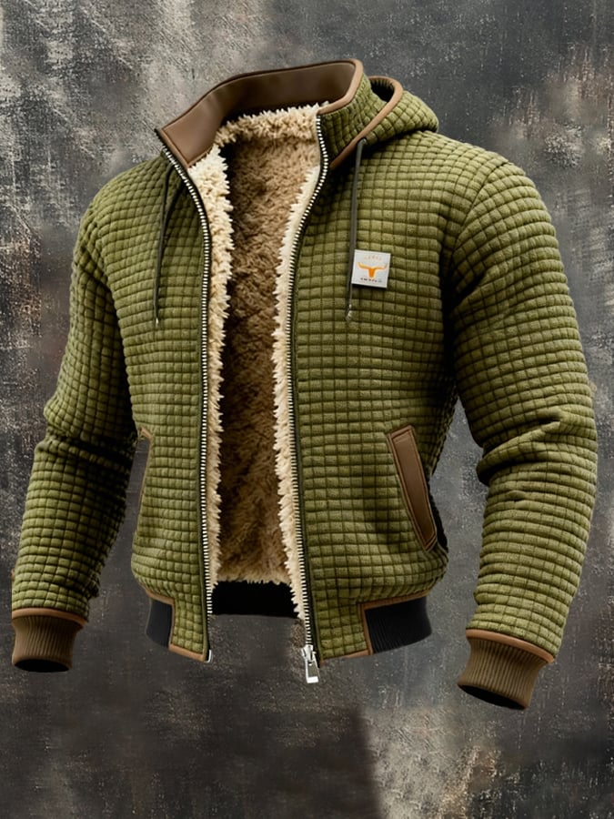 Olive green quilted insulated fleece jacket with sherpa-lined stand collar and brown-trim pockets
