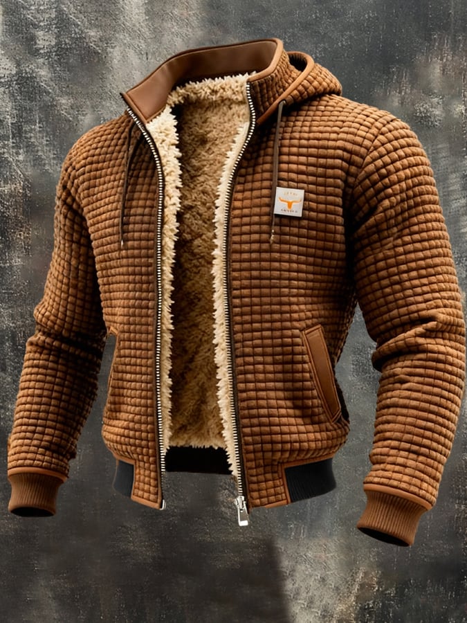 Brown quilted insulated fleece jacket with sherpa-lined stand collar and brown-trim side pockets