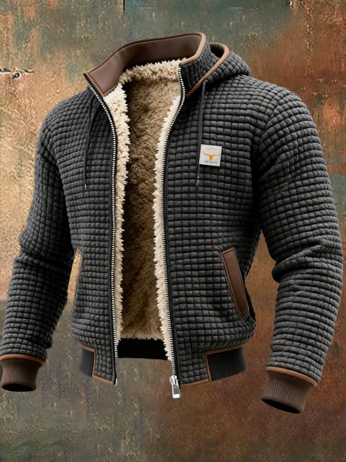 Gray quilted insulated fleece jacket with sherpa-lined stand collar and brown leather zip pocket