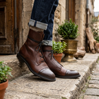 Brown calf-length lace-up boots with cushioned sole and adjustable laces