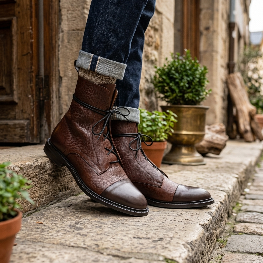 Brown calf-length lace-up boots with cushioned sole and adjustable laces