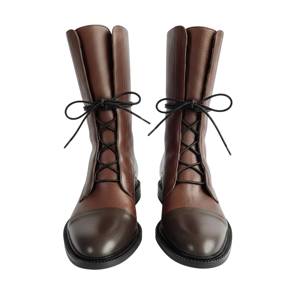 Women’s calf lace-up boots in brown leather with black rubber sole and eyelets
