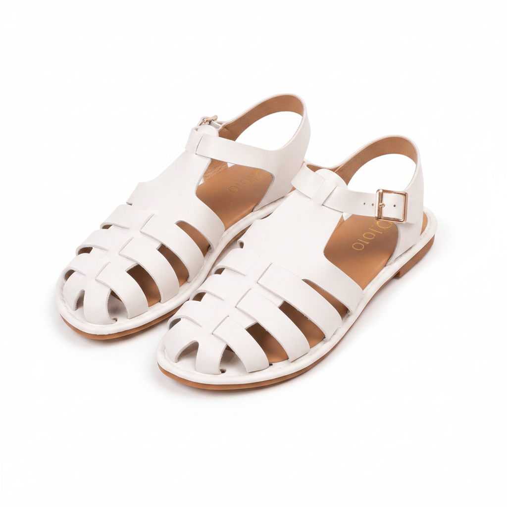 White leather gladiator sandals with ankle strap and buckle, open toe design