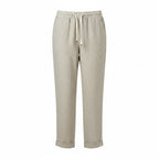 Beige woven drawstring waist tulip-hem lantern trousers, regular fit