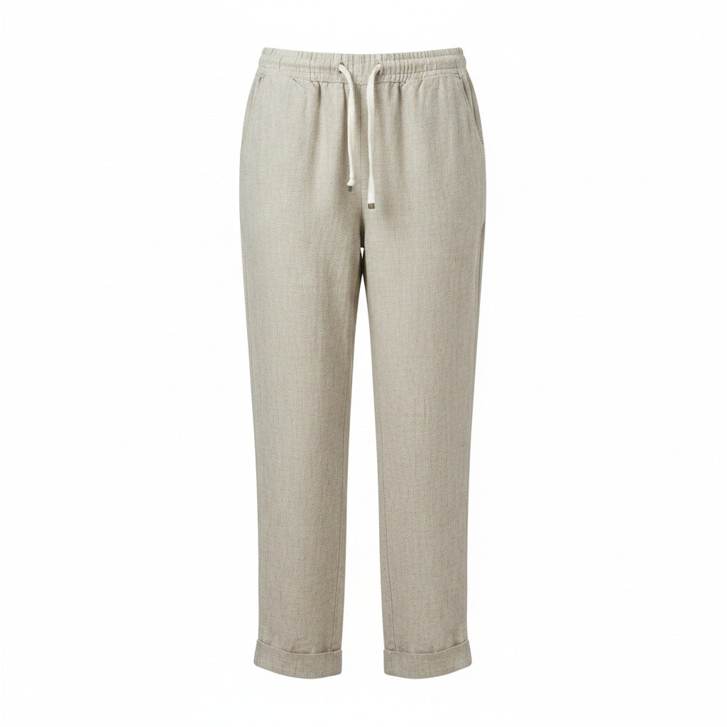 Beige woven drawstring waist tulip-hem lantern trousers, regular fit