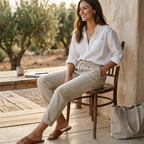 Beige textured woven drawstring waist lantern trousers, relaxed ankle length