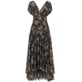 Women's off-shoulder pleated maxi dress, black with light botanical floral print