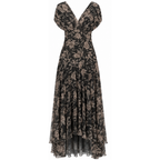 Women's off-shoulder pleated maxi dress, black with light botanical floral print