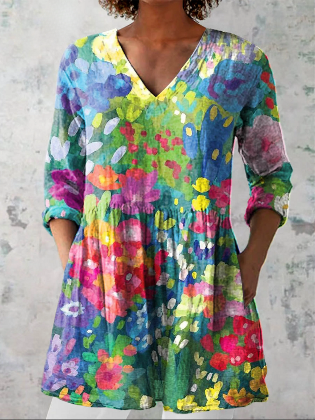 Women's long V-neck blouse, multicolor floral print, gathered waist, 3/4 sleeves