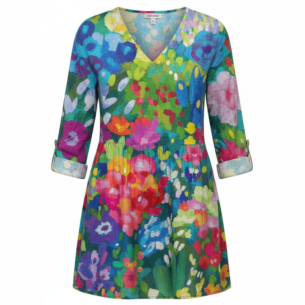 Women's long V-neck blouse, multicolor watercolor floral print, 3/4 sleeves