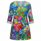 Women's long V-neck blouse, multicolor watercolor floral print, 3/4 sleeves