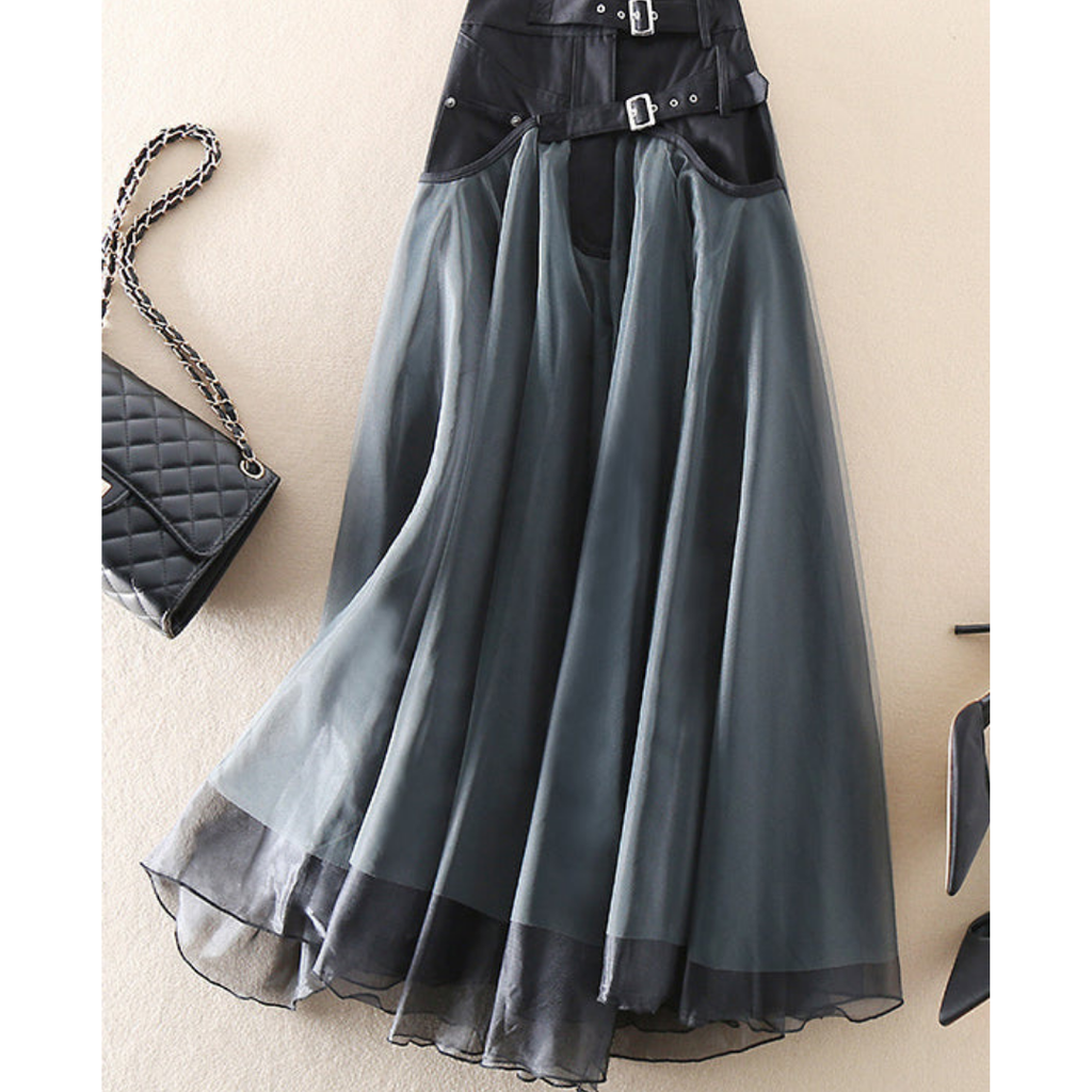Women's dark layered midi skirt, high waist with buckled belt and pleated tulle hem