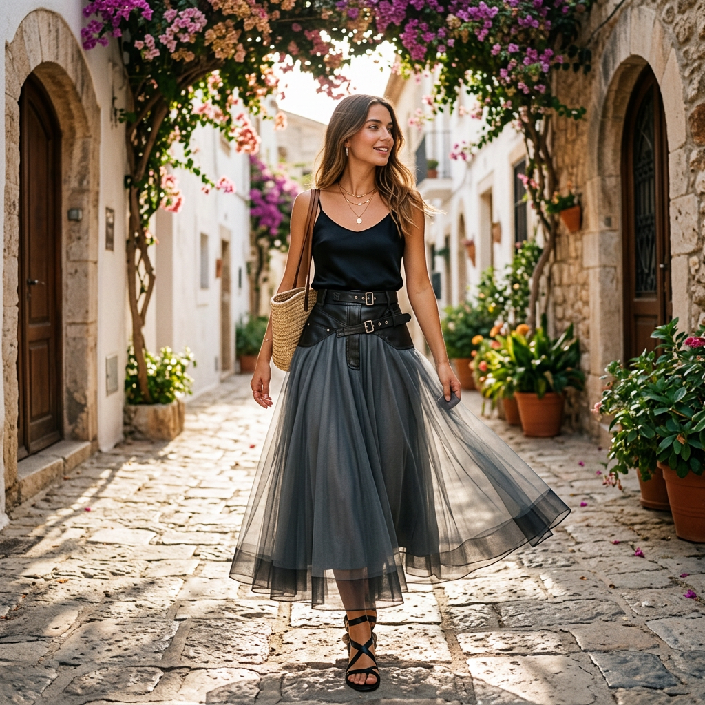 Dark grey high-waist layered midi skirt with belt, flowing tulle overlay