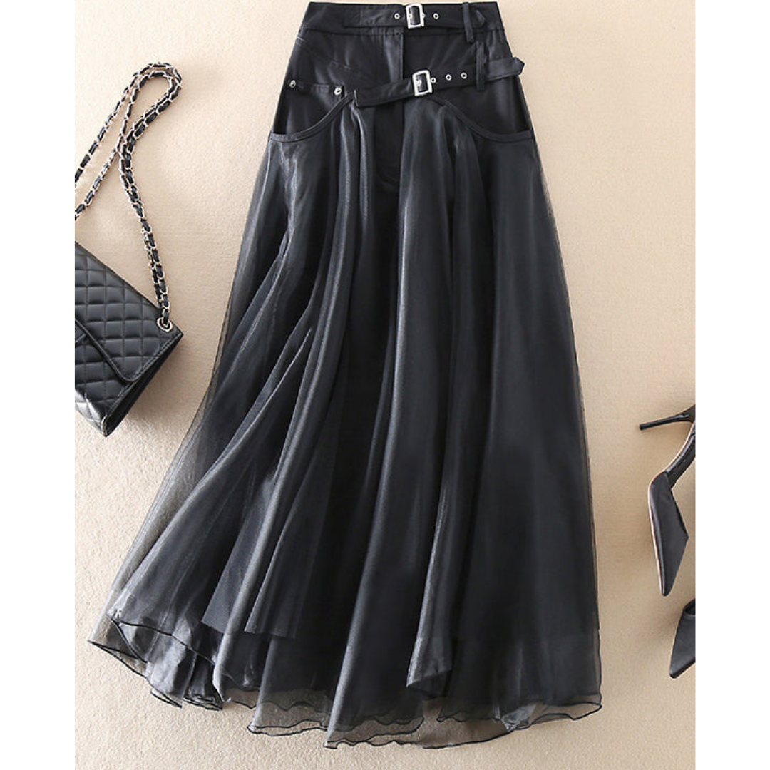 Women's dark midi skirt with high-waist belt, draped pleats and sheer layered hem