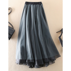Women's dark midi skirt, high-waist pleated overlay with layered chiffon-like hem