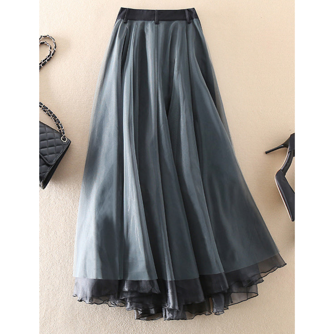 Women's dark midi skirt, high-waist pleated overlay with layered chiffon-like hem