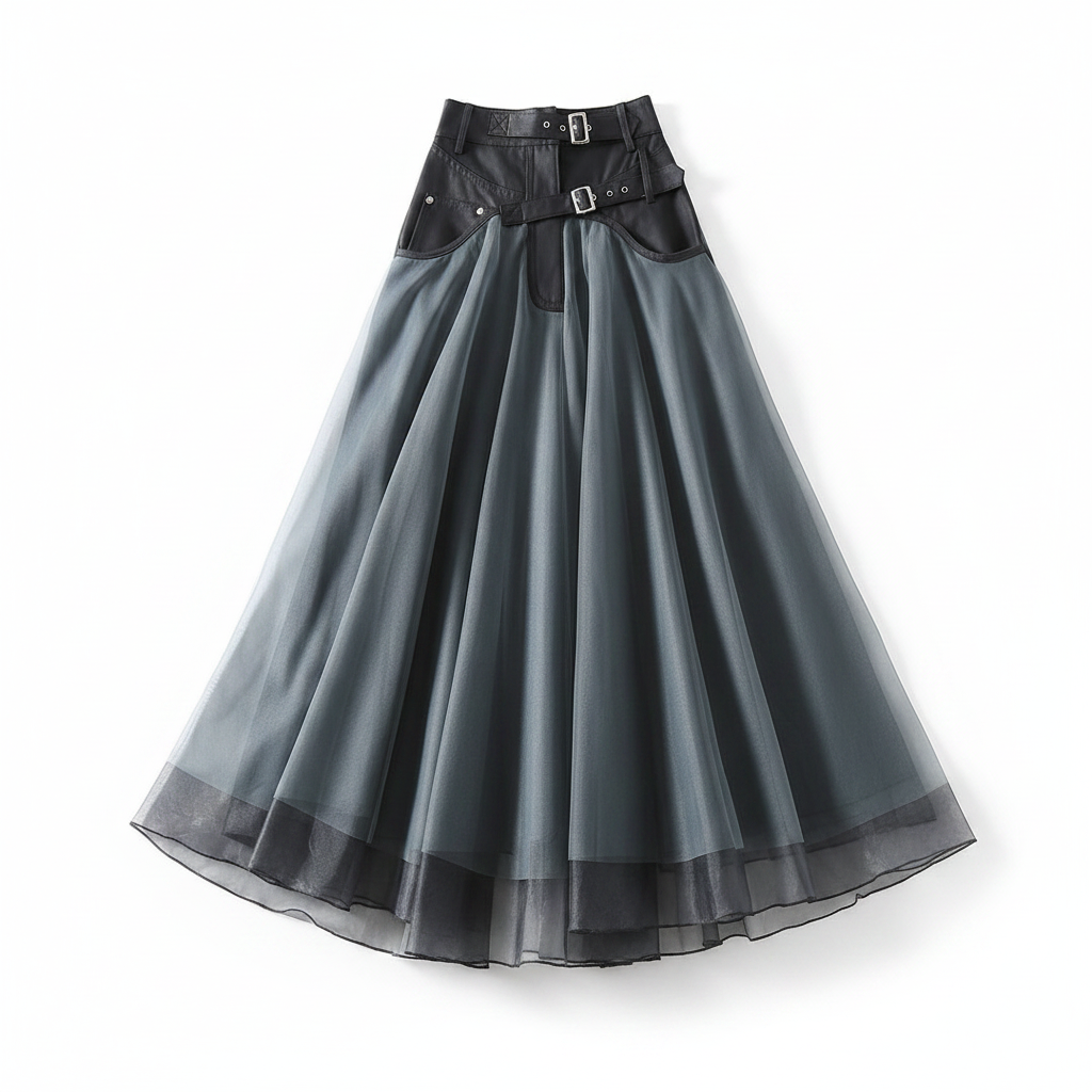 Dark grey high-waist layered midi skirt with buckle belt and flowing tulle hem