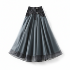 Dark grey high-waist layered midi skirt with buckle belt and flowing tulle hem
