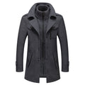 Men's dark gray wool coat with stand-up collar, zip front, flap pockets.