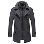 Men's dark gray wool coat with stand-up collar, zip front, flap pockets.