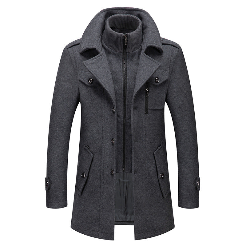 Men's dark gray wool coat with stand-up collar, zip front, flap pockets.