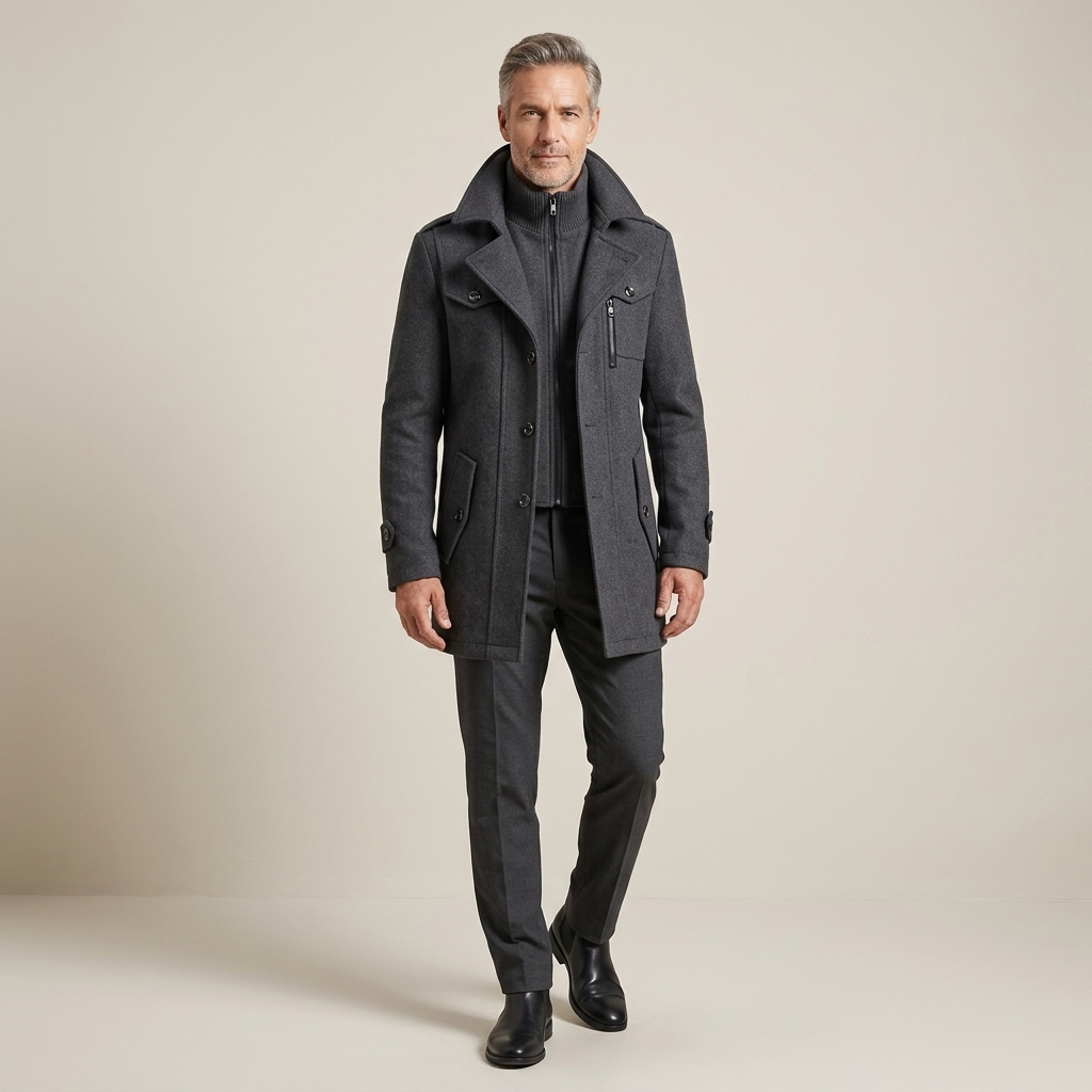 Men's charcoal wool coat with stand collar, double-breasted front, and multiple pockets