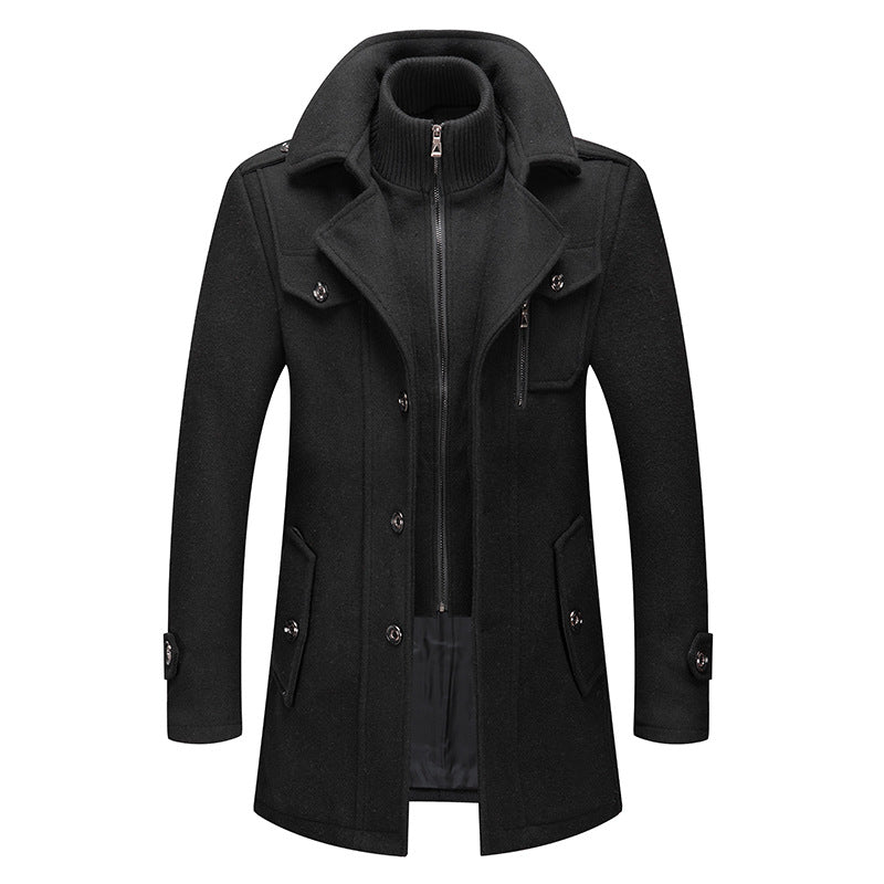 Men's black wool coat with stand-up collar, zip front, side flap pockets.
