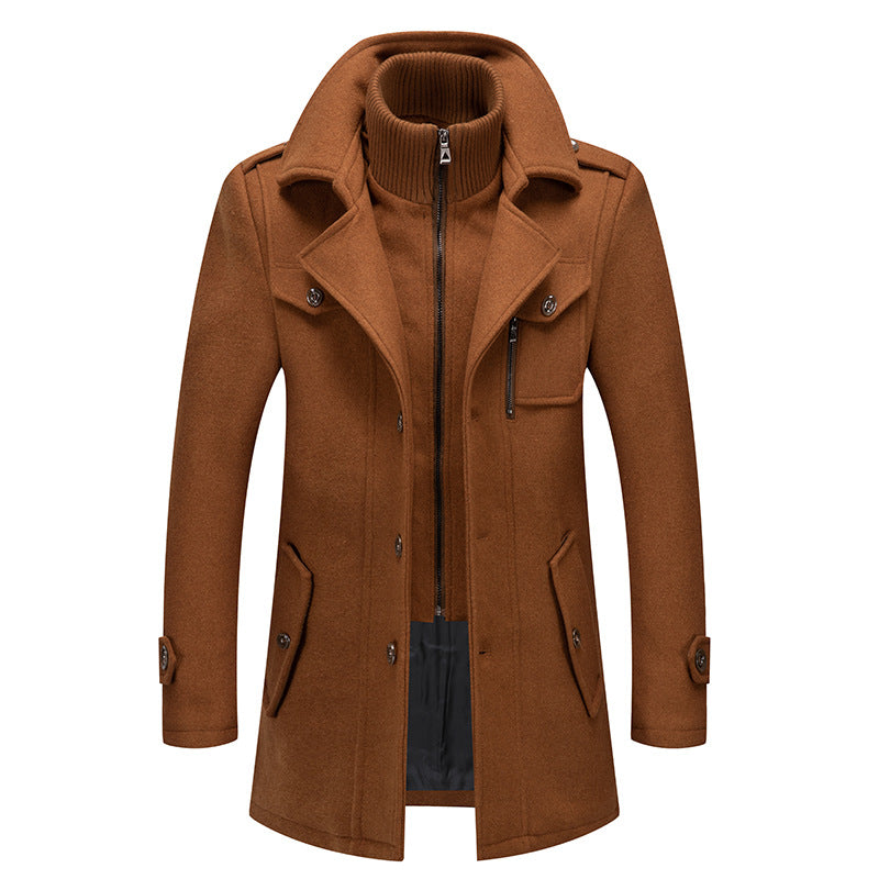 Men's brown wool coat with stand-up collar, zip front, flap pockets.