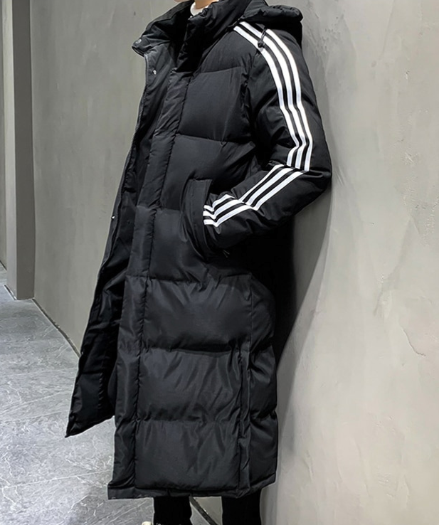 Black long puffer winter jacket with hood and white striped sleeve panels