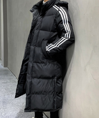 Black long puffer winter jacket with hood and white striped sleeve panels