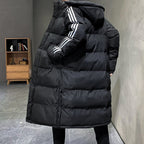 Black long hooded puffer jacket with front zipper and white triple stripe sleeves