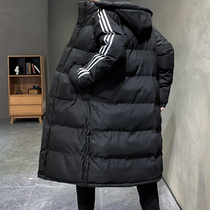 Black long hooded puffer jacket with front zipper and white triple stripe sleeves