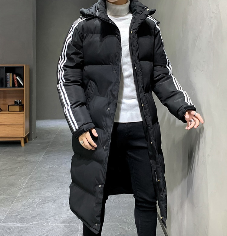 Black long hooded puffer jacket with white stripe accents on sleeves