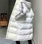 White long hooded puffer jacket with quilted panels and black striped sleeve detail