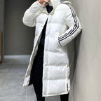 White long puffer winter jacket with hood and black triple stripe on the sleeve