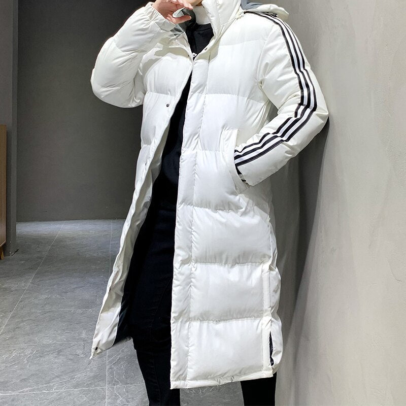 White long puffer winter jacket with hood and black triple stripe on the sleeve