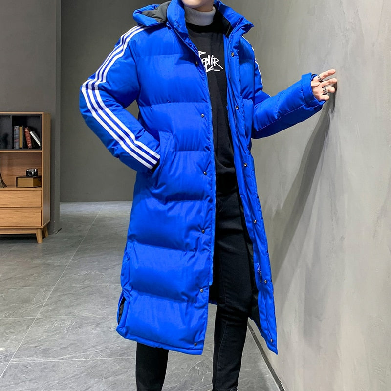 Blue long hooded puffer winter jacket with white triple stripe sleeve panels