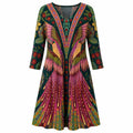 Women's printed V-neck draped long-sleeve blouse, multicolor leaf and floral pattern