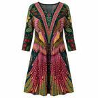 Women's printed V-neck draped long-sleeve blouse, multicolor leaf and floral pattern